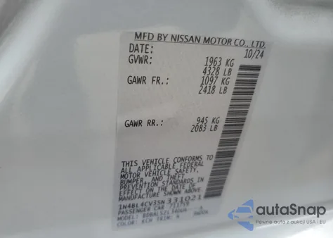 2025 Nissan Altima Sr z USA, uszkodzony, nr VIN 1N4BL4CV3SN331021